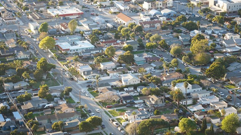 Aerial view of a dense suburban neighborhood