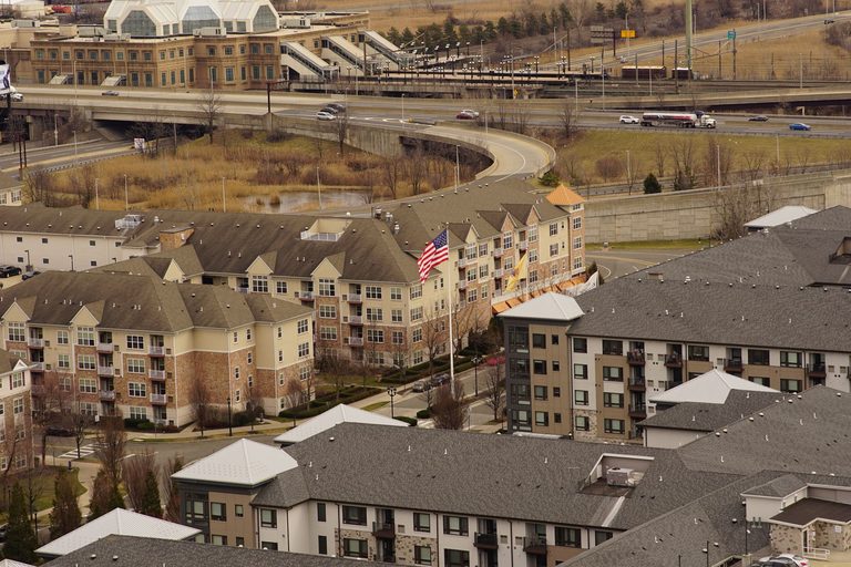 Aerial view of a townhouse development